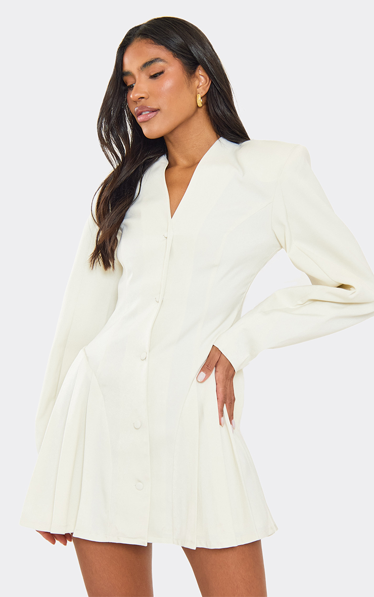 Long Balloon Sleeve Pleated Hem Detail Blazer Dress In Cream | EGO