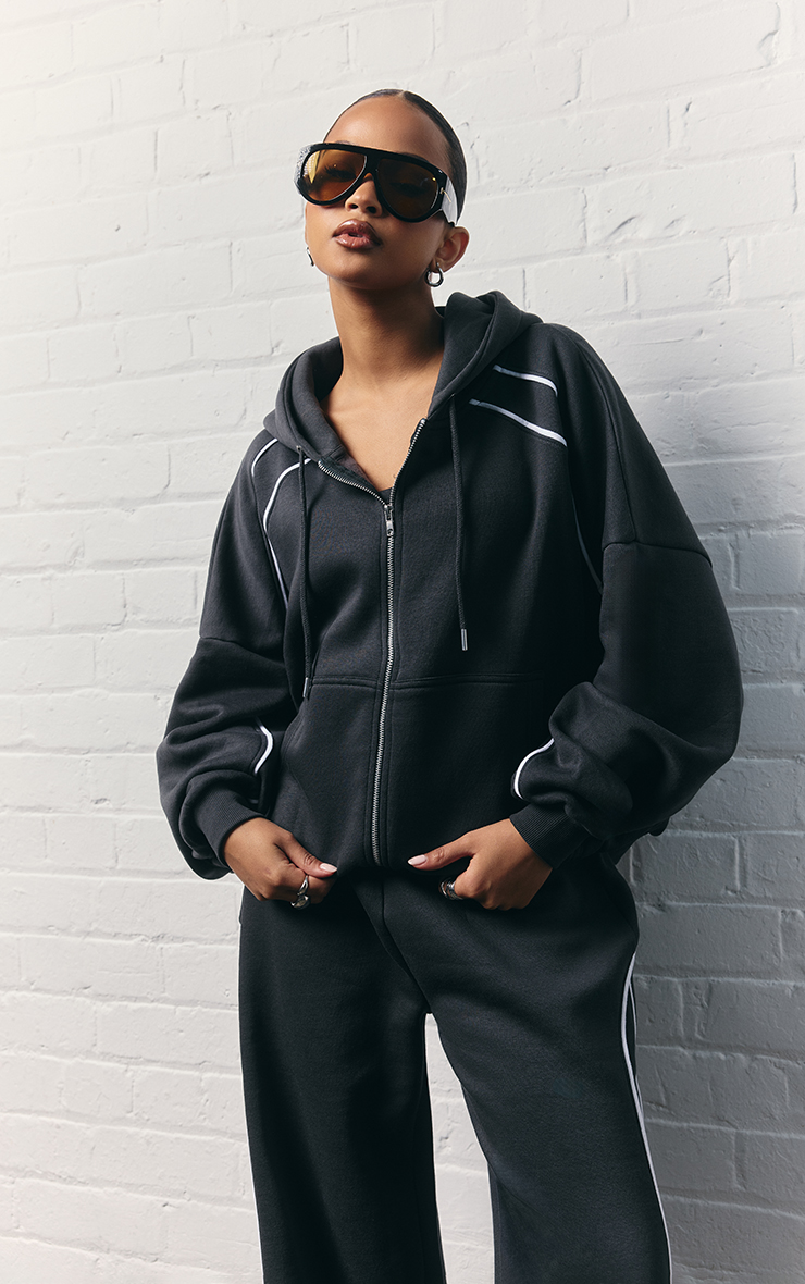 Contrast Piping Detail Oversized Zip Up Hoodie In Dark Navy Blue