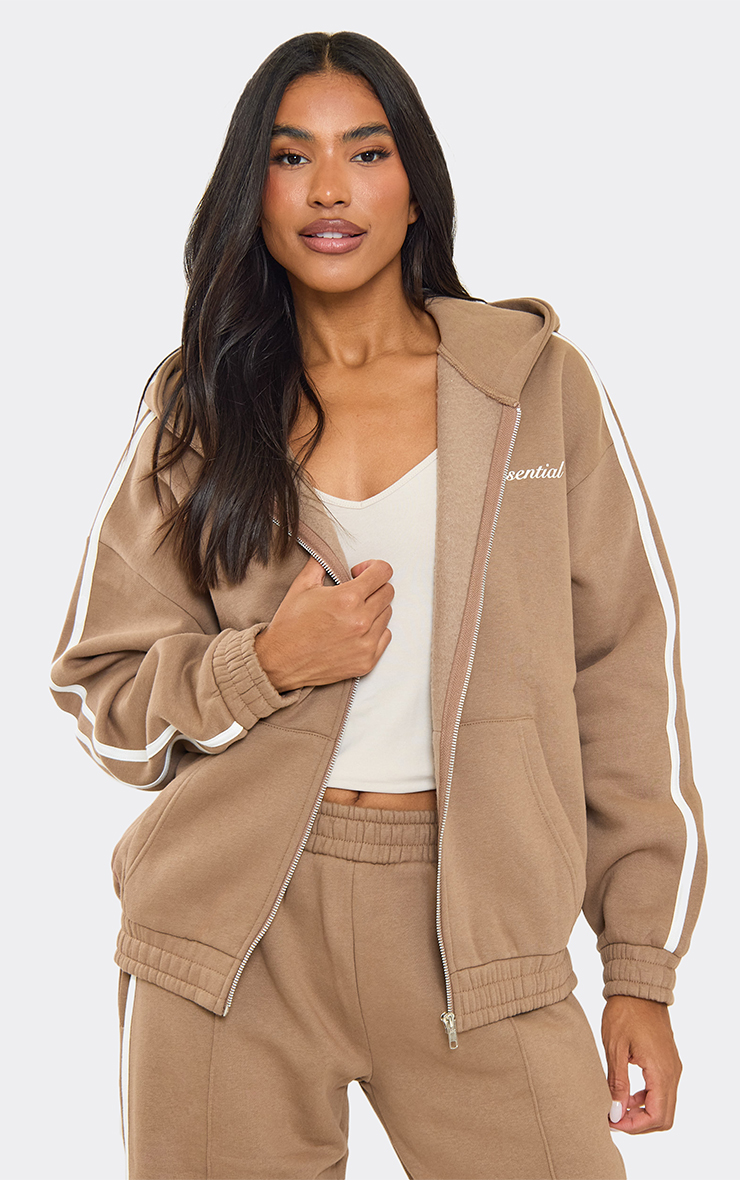 Oversized Contrast Stripe Side Essential Graphic Hoodie In Mocha