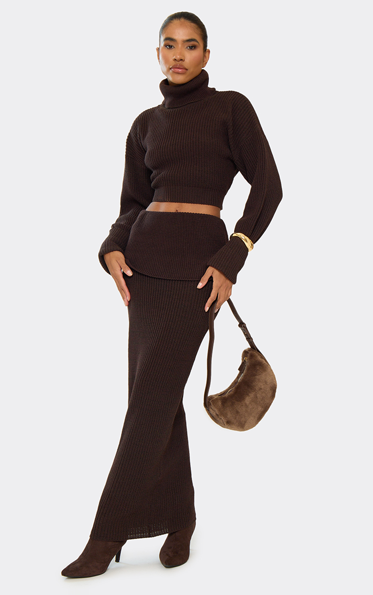 Fold Over Maxi Skirt In Chocolate Brown Ribbed Knit | EGO US | EGO