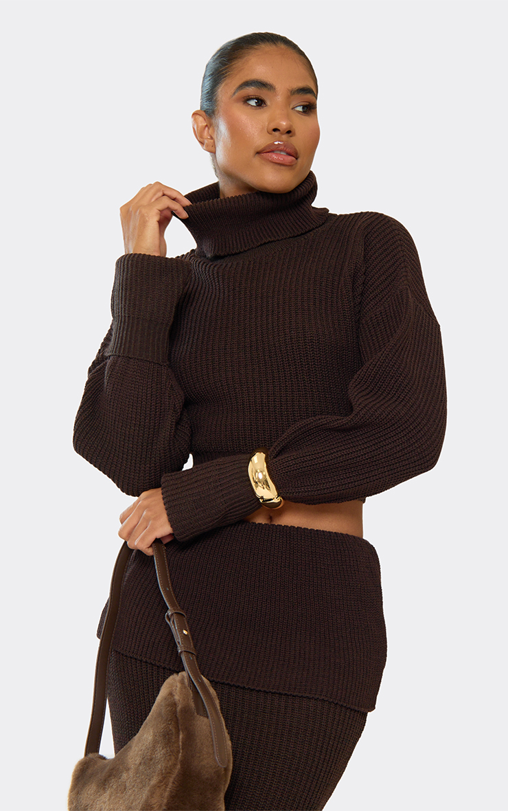 Roll Neck Cropped Jumper In Chocolate Brown Ribbed Knit | EGO US | EGO