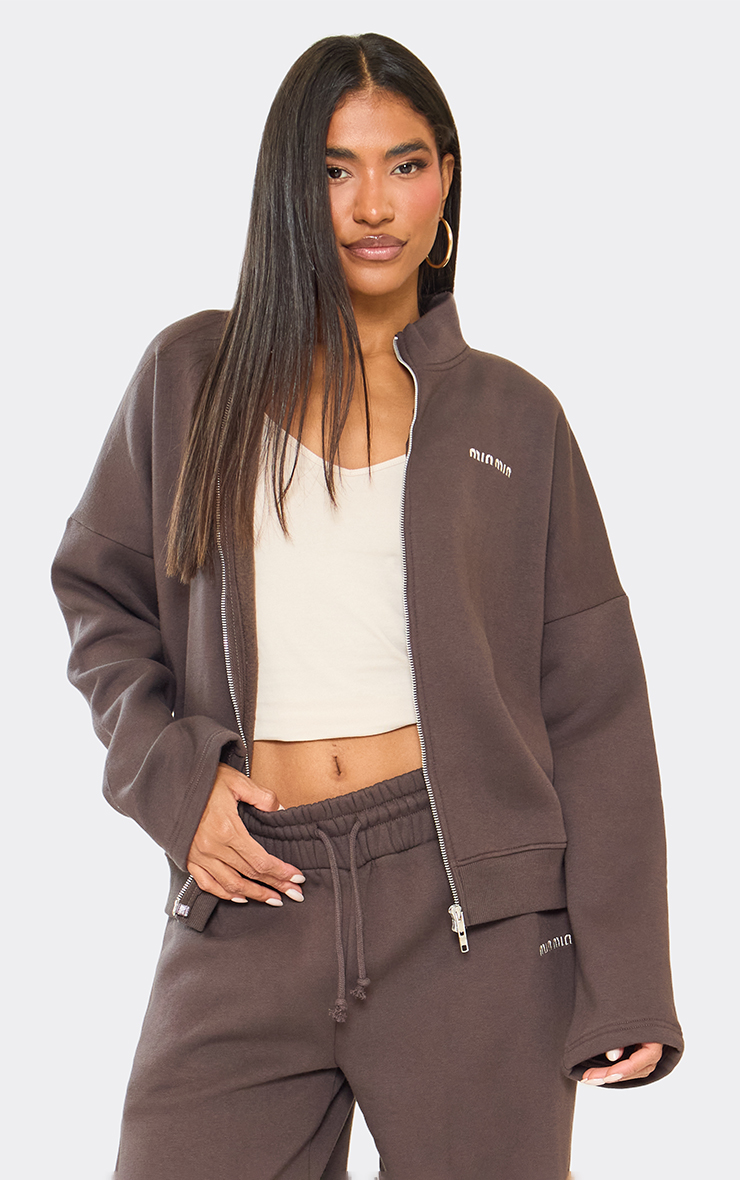 Long Sleeve Min Min Embroidered Graphic Detail Zip Up Jacket In