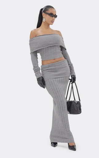 Fold Over Fitted Maxi Skirt In Grey Rib Knit | EGO US | EGO