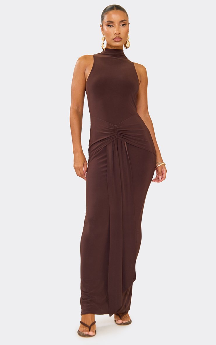 High Neck Sleeveless Drape Detail Maxi Dress In Chocolate Brown | EGO US |  EGO