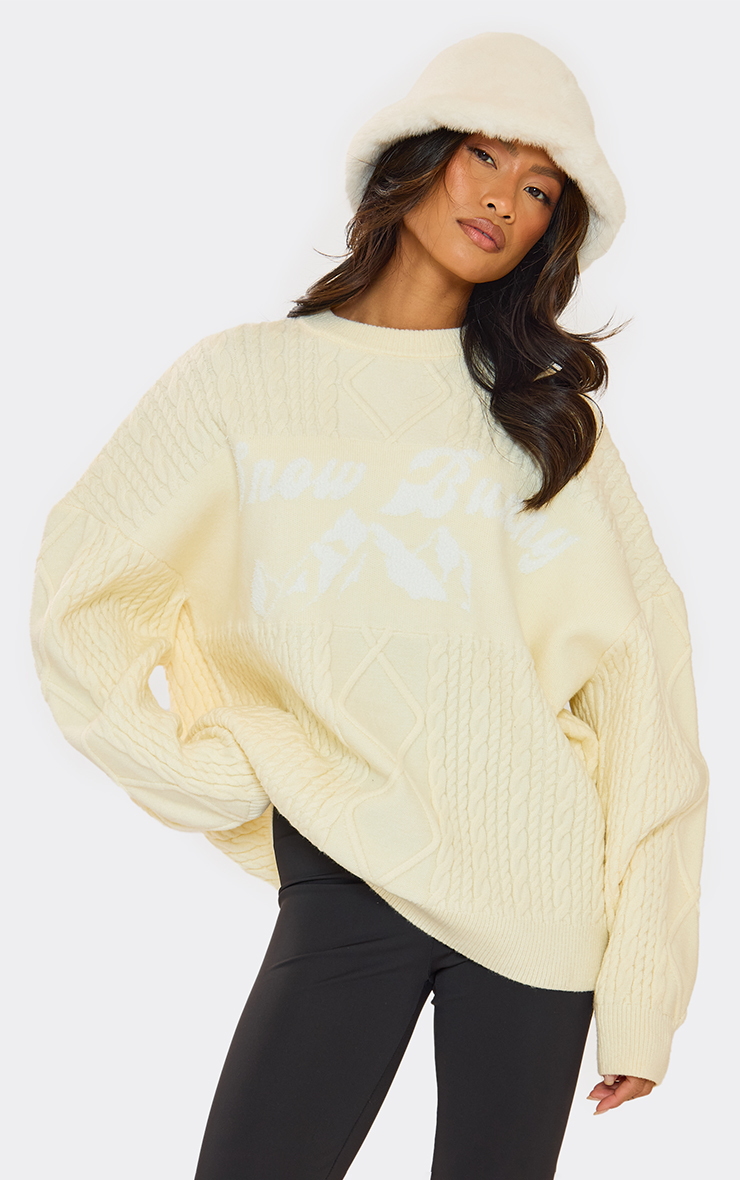 Oversized Snow Bunny Graphic Christmas Jumper In Cream Cable Knit