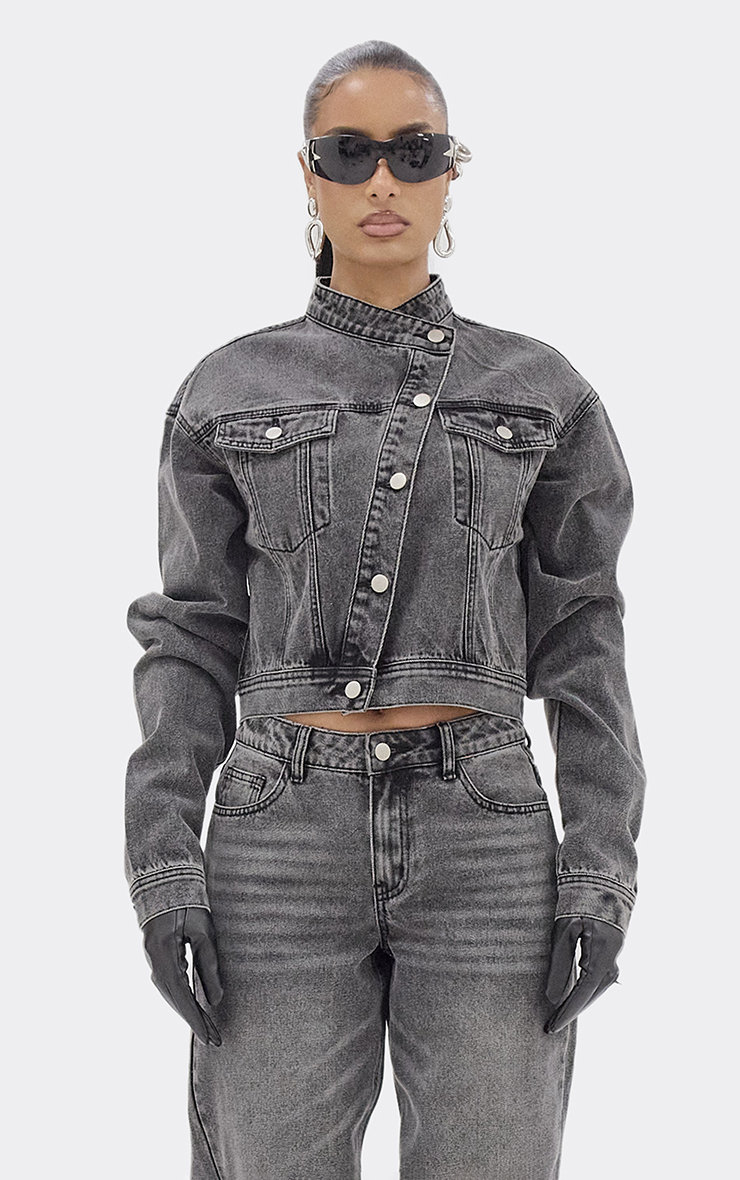 High Neck Asymmetric Button Detail Jacket In Washed Grey Denim