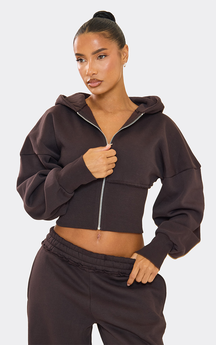 Balloon Sleeve Cinched Waist Distressed Detail Zip Up Hoodie In
