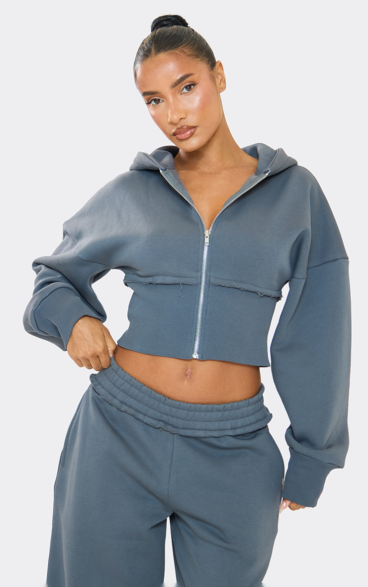 Balloon Sleeve Cinched Waist Distressed Detail Zip Up Hoodie In