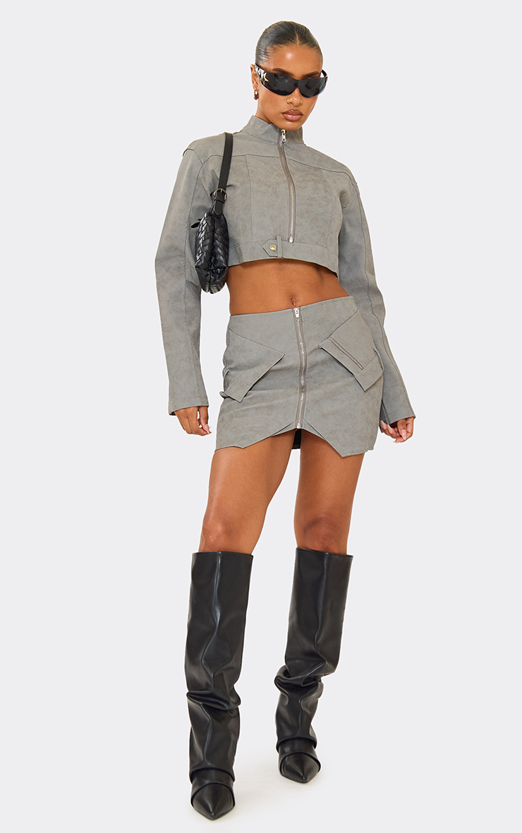 High Waist Zip Front Cargo Pocket Mini Skirt In Acid Wash Grey