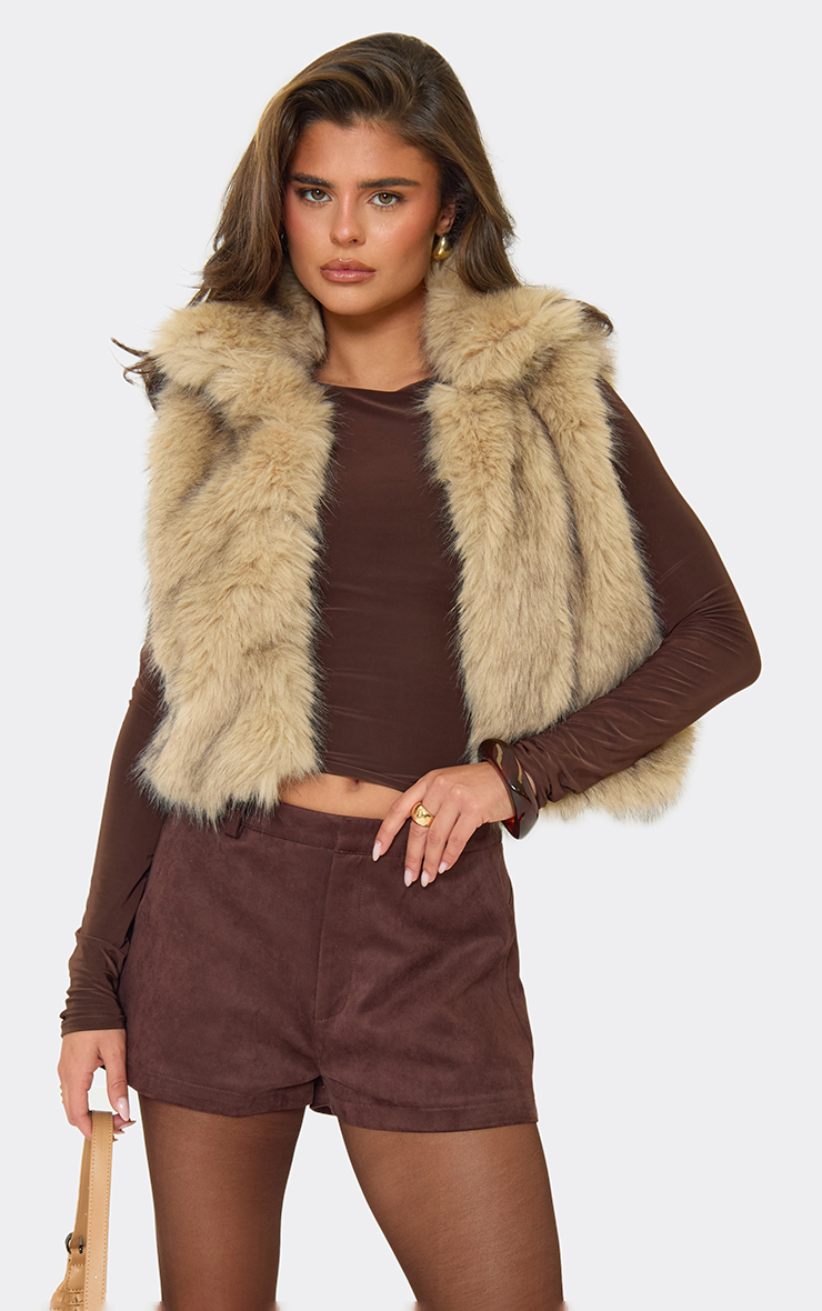 Collared Detail Gilet In Stone Faux Fur | EGO US | EGO