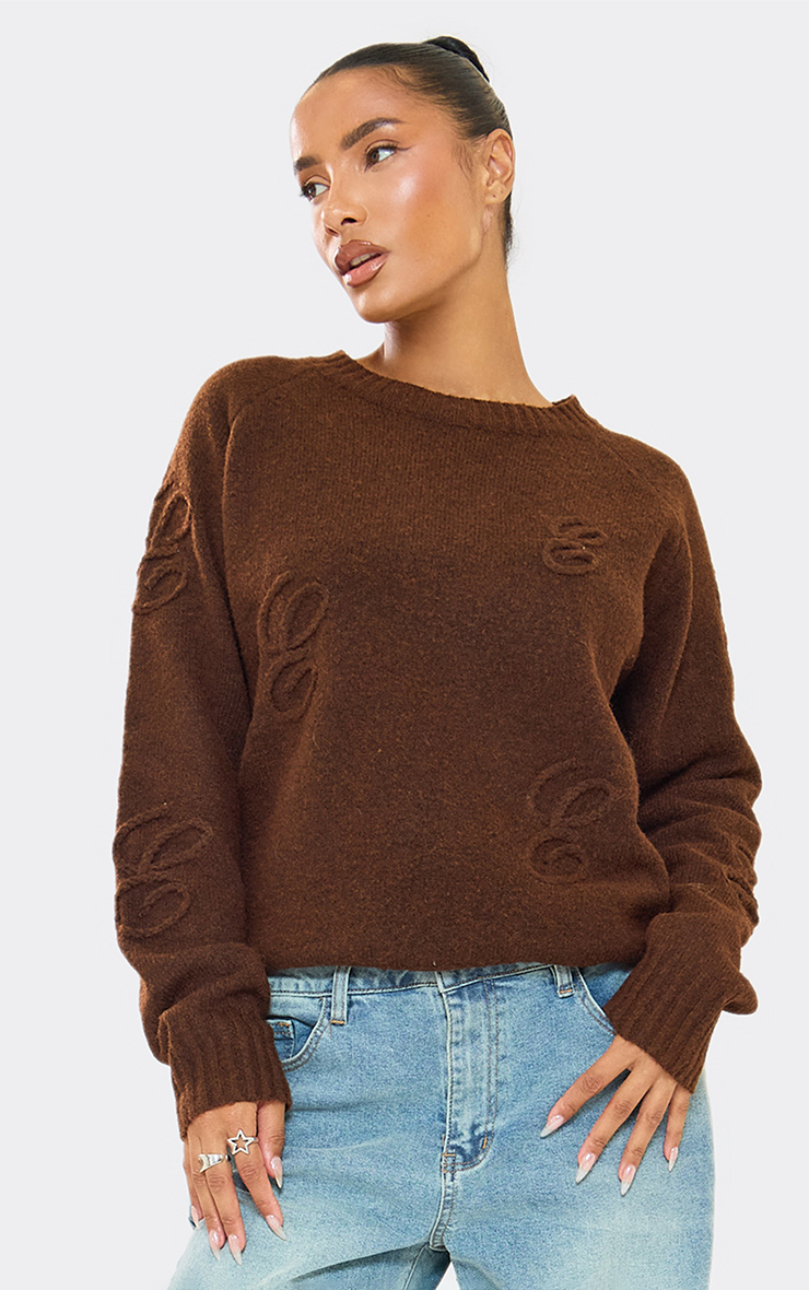 Long Sleeve 'E' Graphic Applique Detail Oversized Jumper In Chocolate ...