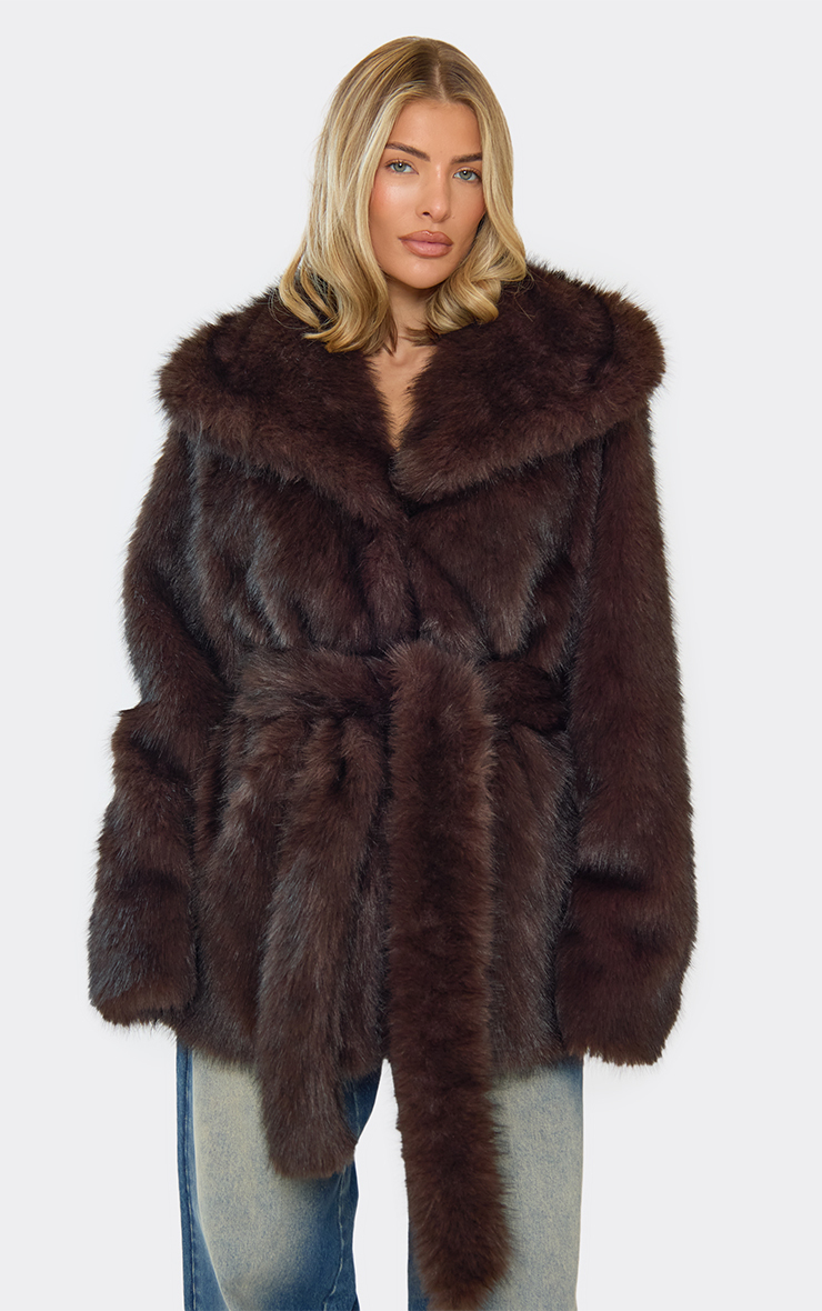 Oversized Collar Tie Belt Waist Coat In Chocolate Brown Faux Fur