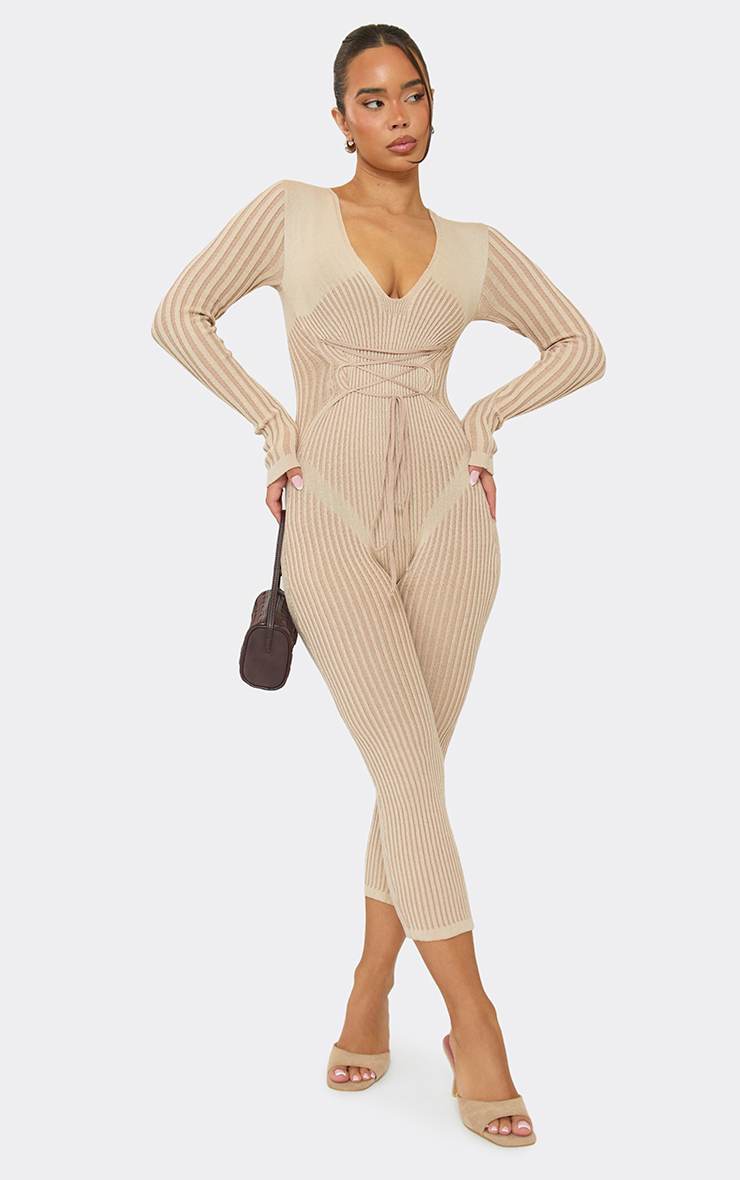 Long Sleeve Plunge Strappy Waist Detail Capri Jumpsuit In Stone Contrast Rib Knit