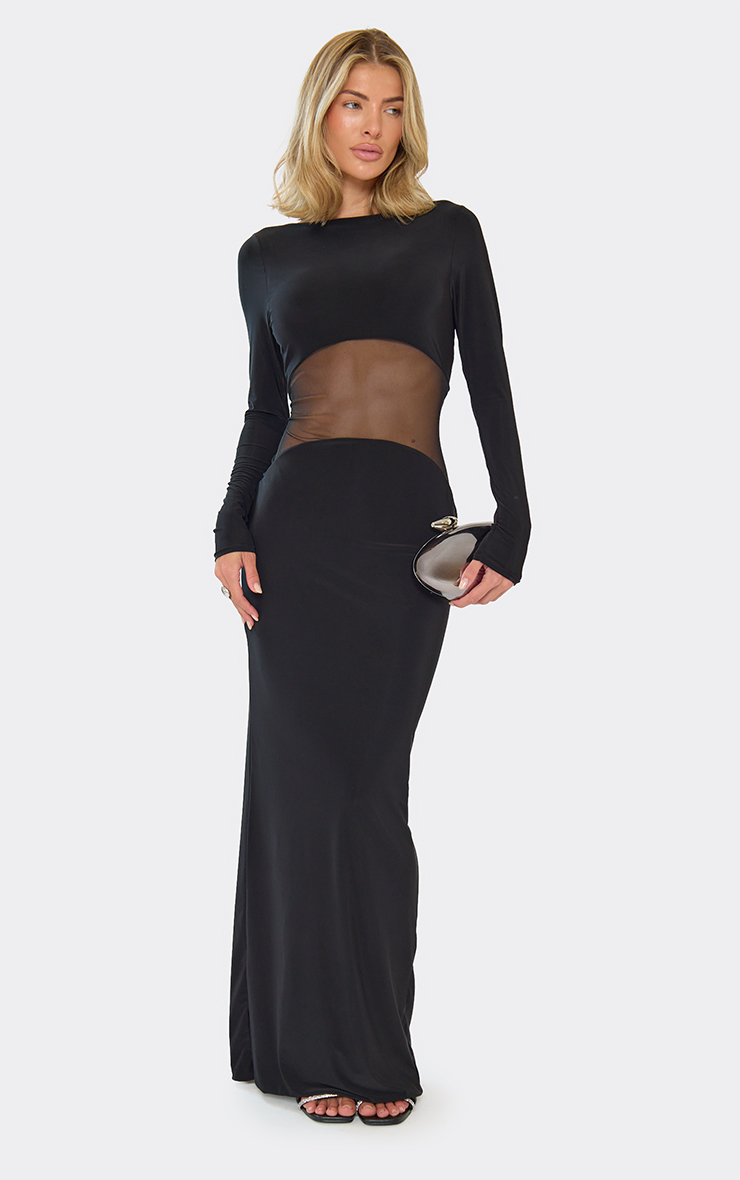 Long Sleeve Sheer Mesh Panel Maxi Dress In Black | EGO US