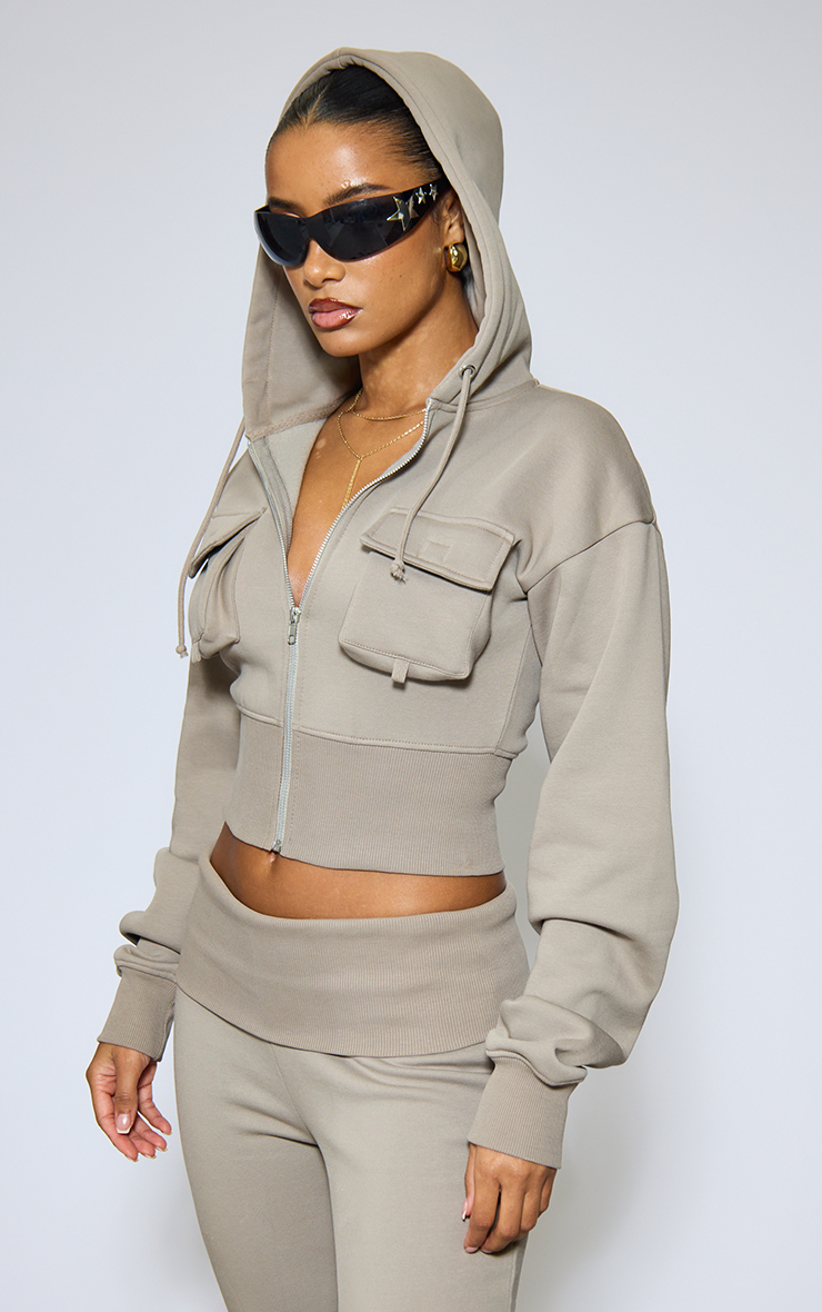 Pocket Detail Cinched Waist Zip Up Cropped Hoodie In Taupe | EGO