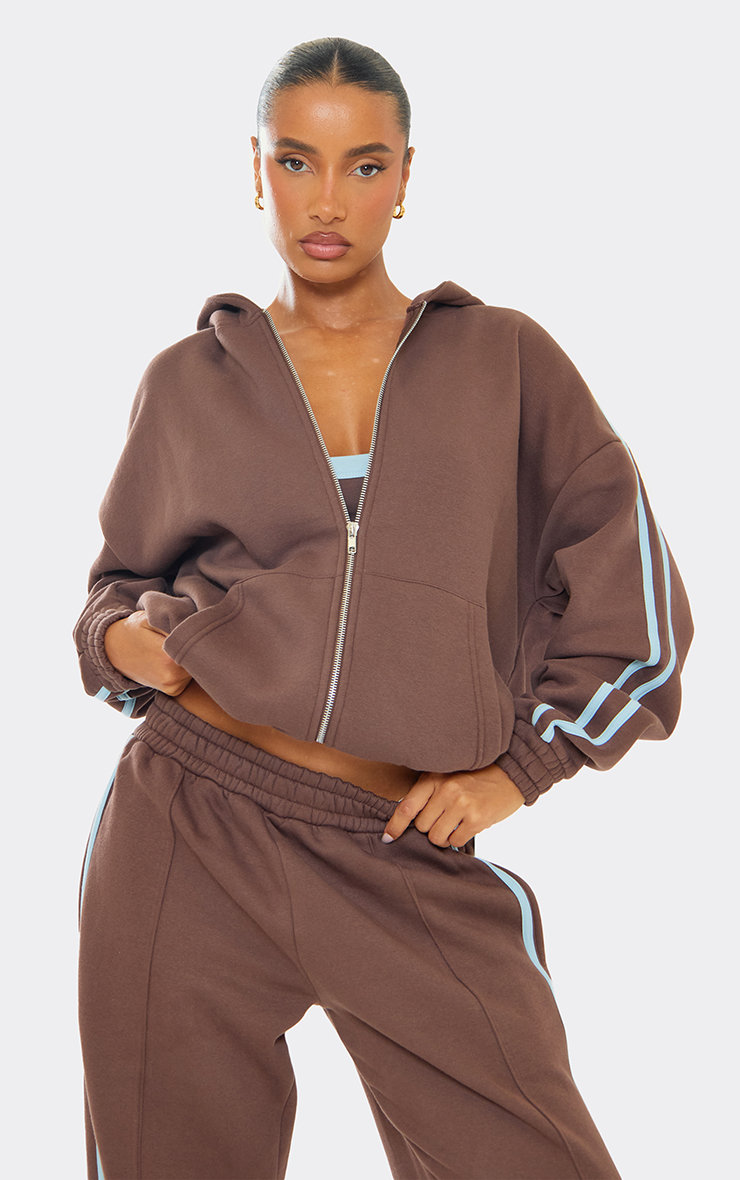 Long Sleeve Contrast Side Stripe Zip Up Oversized Hoodie In
