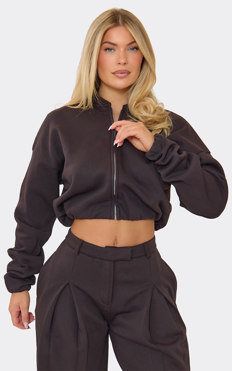 Zip Up Bomber Style Jacket In Chocolate Brown