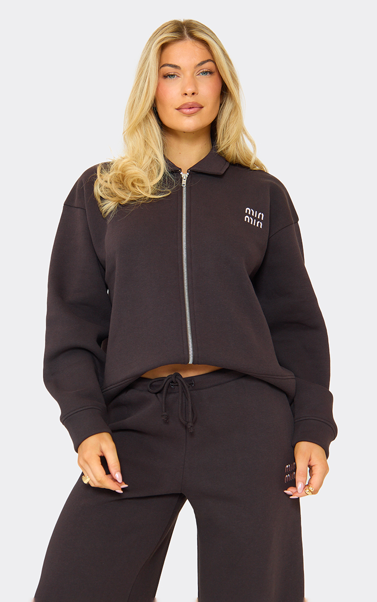 Long Sleeve 'Min Min' Detail Zip Up Front Collared Sweatshirt In