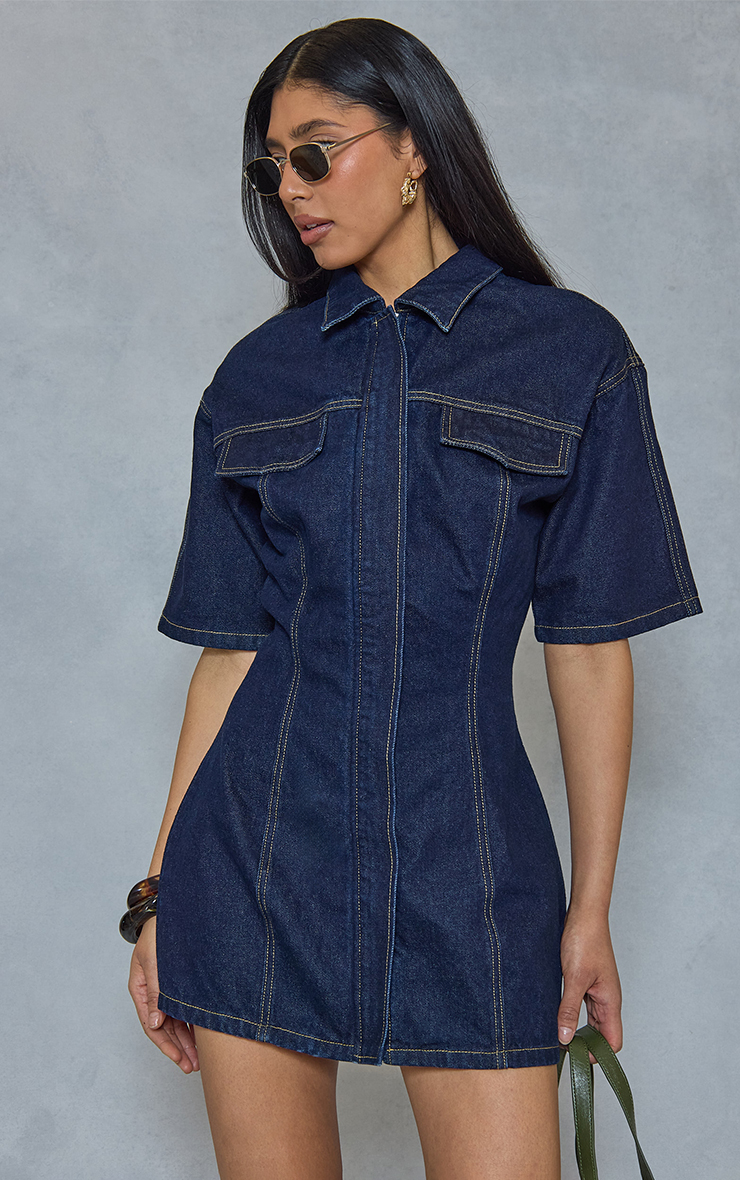Short Sleeve Cinched Waist Seam Detail Mini Dress In Indigo Denim