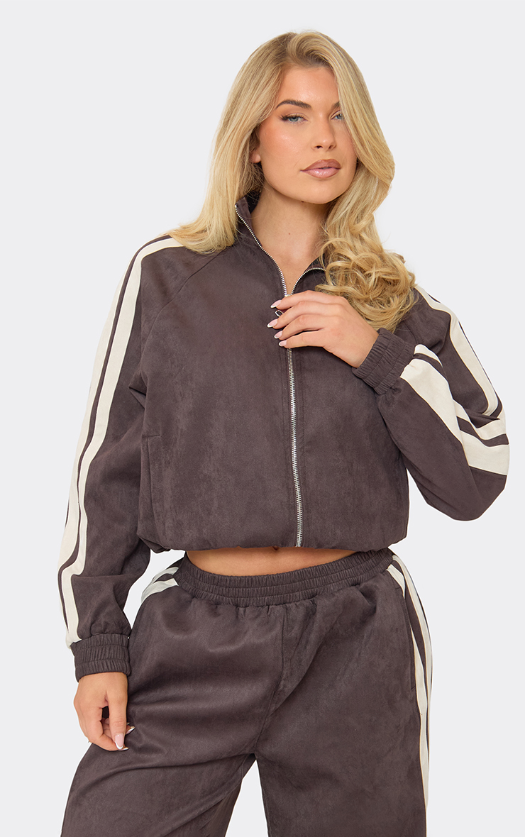 Contrast Side Stripe Zip Up Jacket In Chocolate Brown Faux Suede