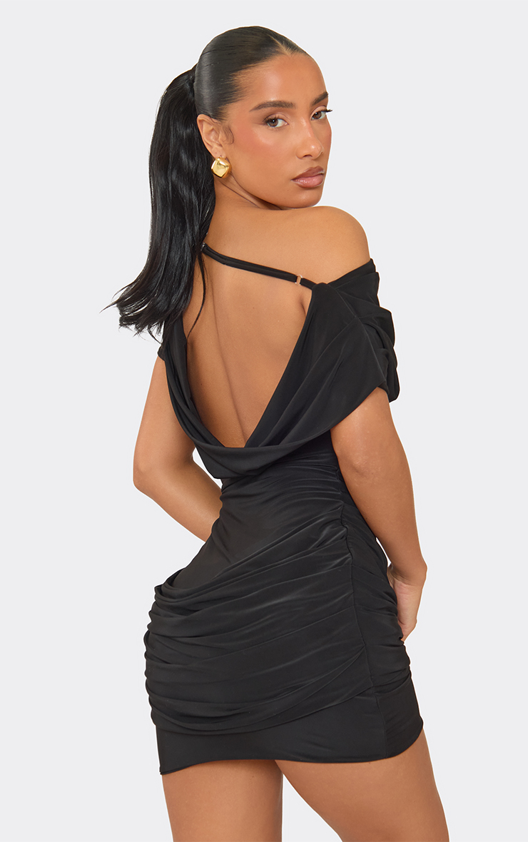 discount stripper black draping cowl neck top mini dress 4241 Black Open Back Long Sleeves A-line Mini Casual Cocktail Homecoming Pr –  Wish Gown main image 0
