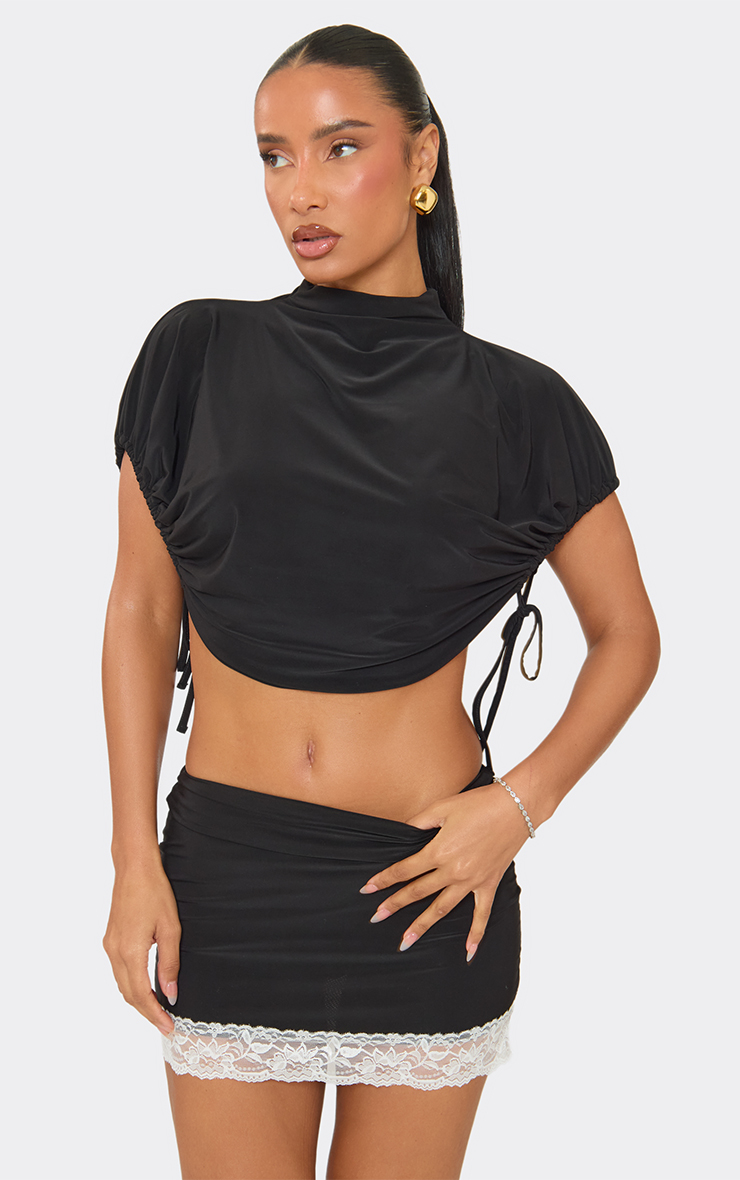 High Neck Ruched Tie Side Detail Cape Top In Black | EGO UK | EGO