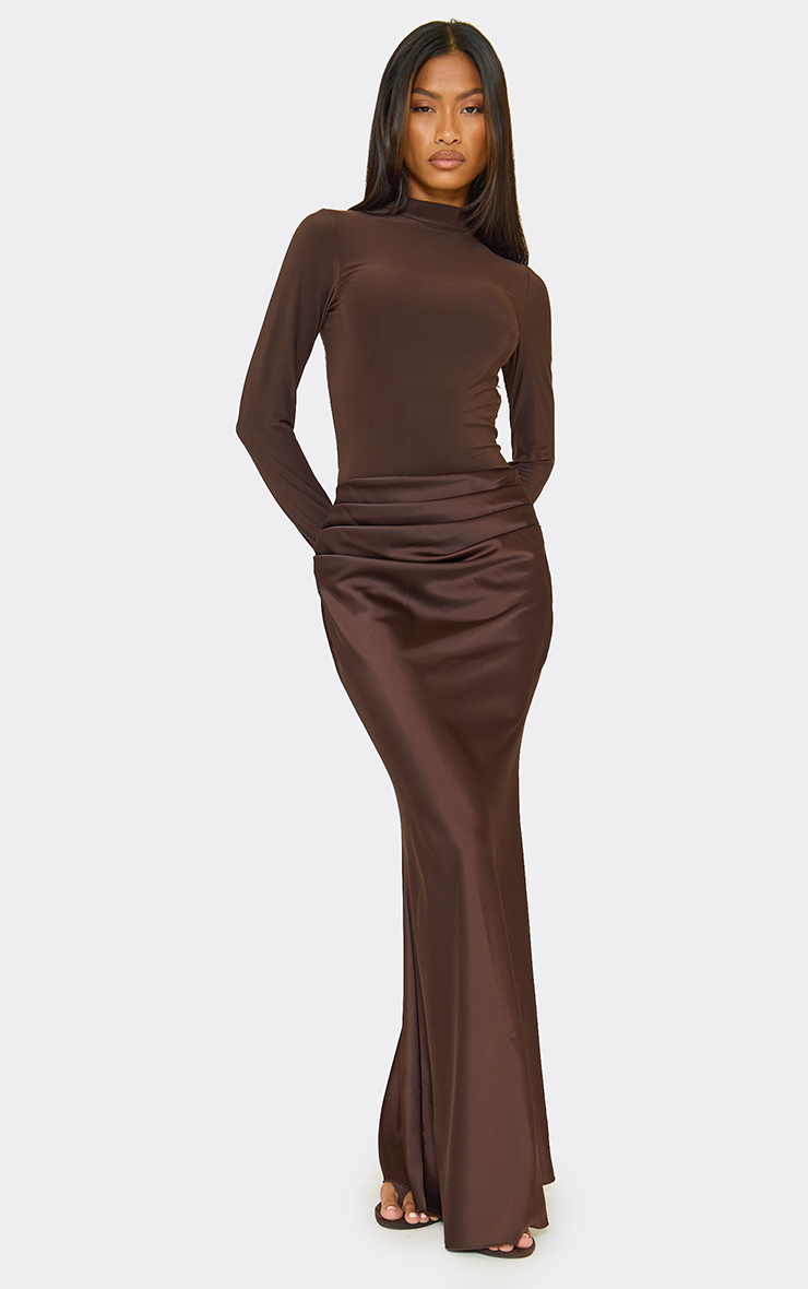 Mid Rise Ruched Draped Front Maxi Skirt In Chocolate Brown Satin