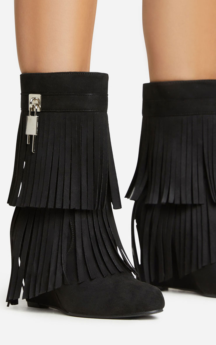 Dallas Padlock Fringe Detail Ankle Boot In Black Faux Suede