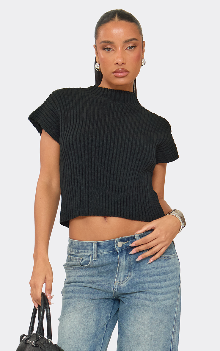 High Neck Short Sleeve Top In Black Rib Knit | EGO US | EGO
