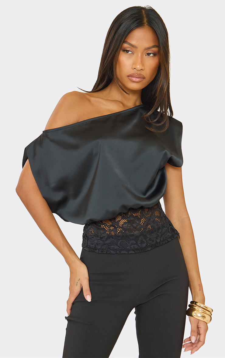 トップス S lace trim off shoulder tops black Off The Shoulder Lace Hem Detail Top In Black Satin | EGO US | EGO