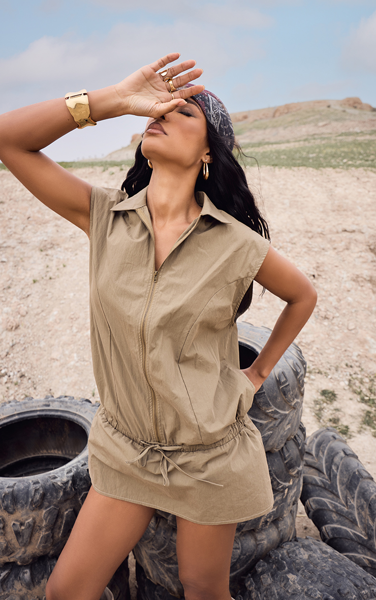 ashleigh stretch cotton cargo mini dress in khaki beige l'academie L'Academie Ashleigh Stretch Cotton Cargo Mini Dress in Olive Green
