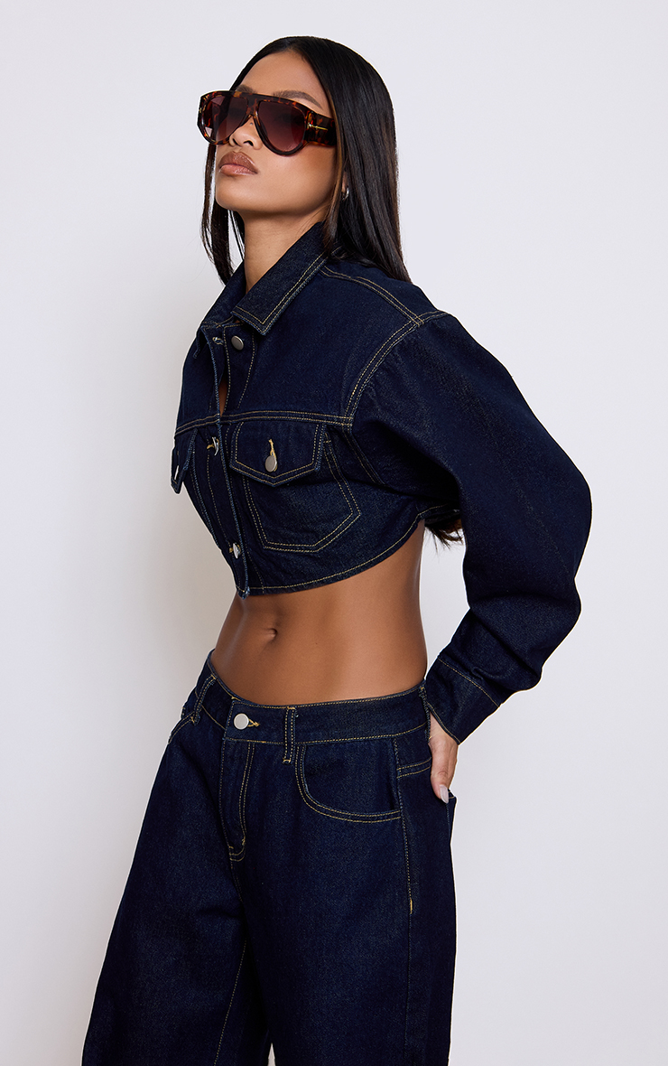 cropped jacket over fitted indigo knee length dress The Noli Shop Women's Kaia Studded line skirts for a balanced proportion Long Sleeve Button Front Shoulder
