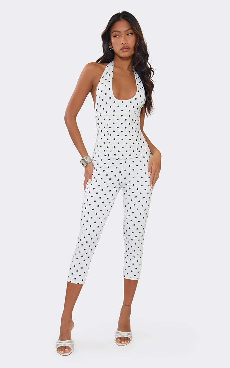 Halterneck Plunge Front Corset Capri Jumpsuit In White Polka Dot