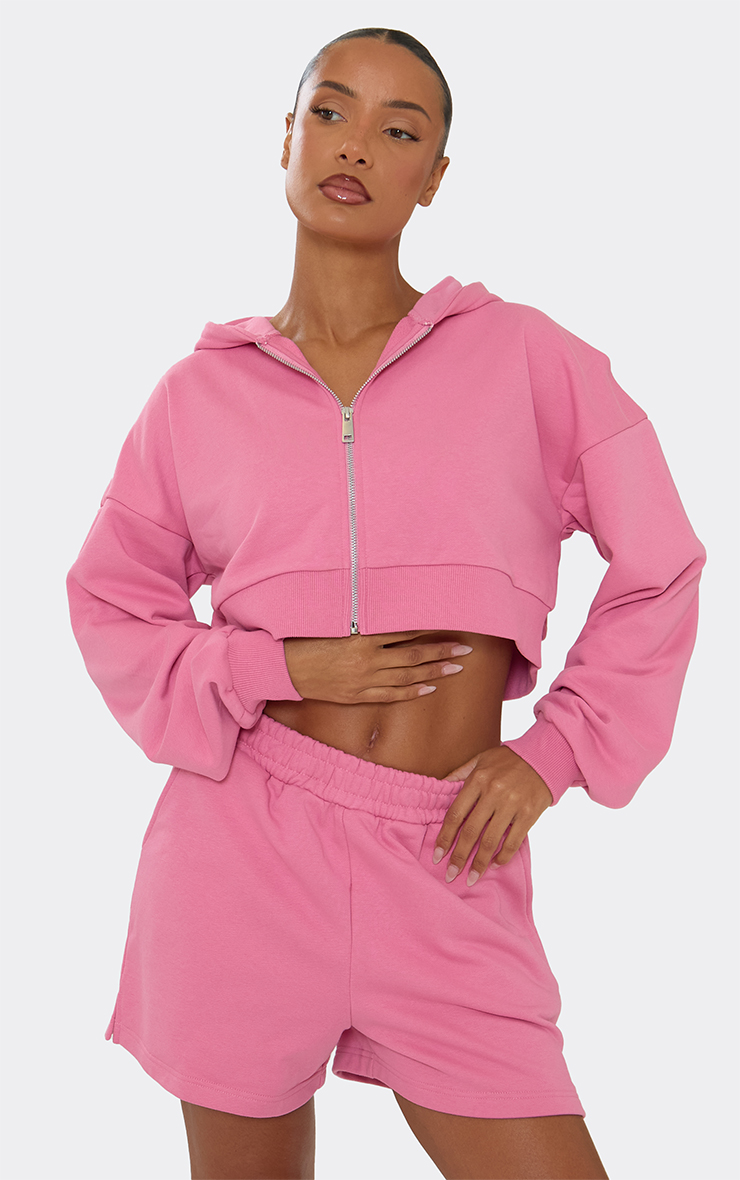Long Sleeve Boxy Zip Up Cropped Hoodie In Hot Pink | EGO AE | EGO