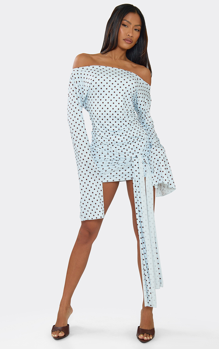 Long Flared Sleeve Drape Detail Mini Bodycon Dress In Blue Polka Dot | EGO  US | EGO
