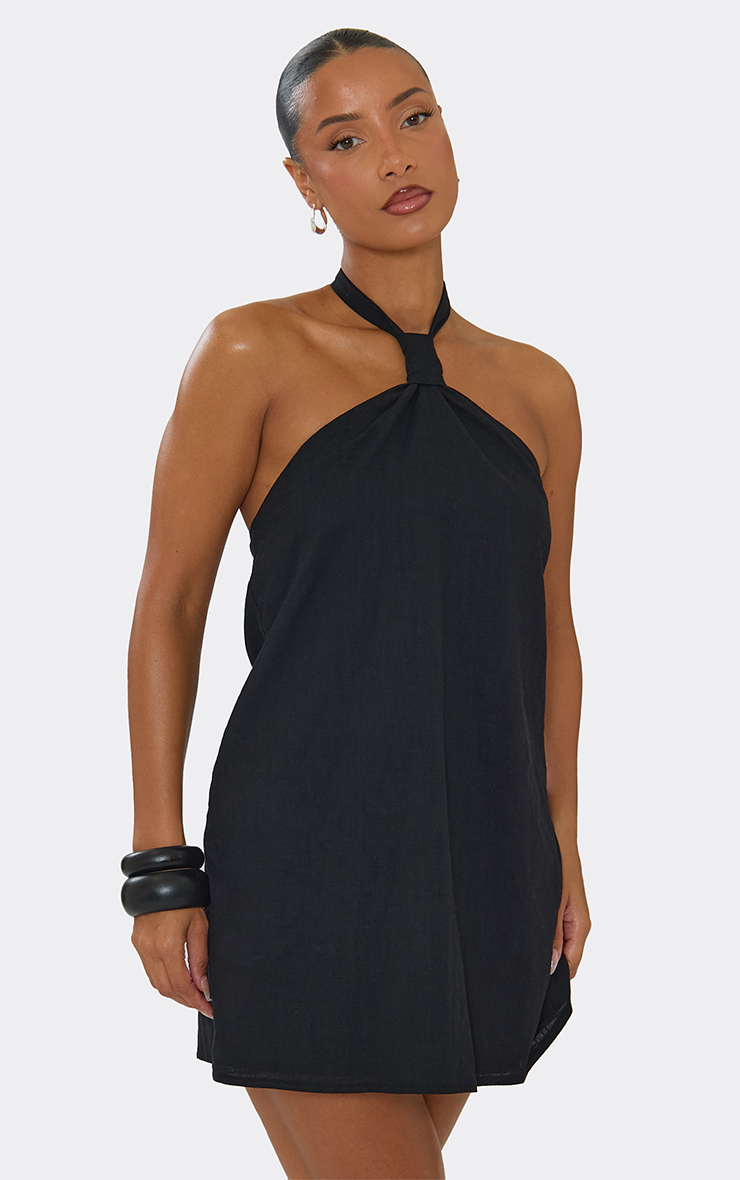 Halterneck Knot Front Mini Dress In Black Linen Look | EGO US | EGO