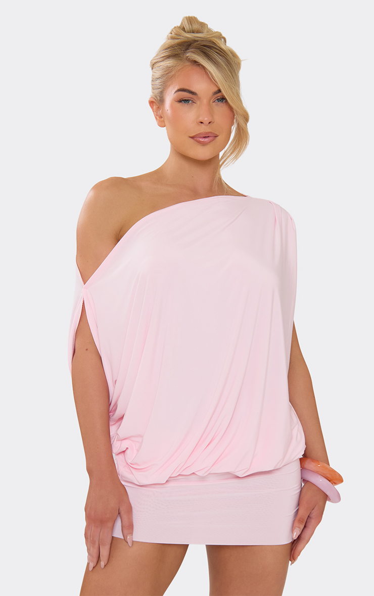 Off The Shoulder Draped Asymmetric Mini Dress In Baby Pink Slinky