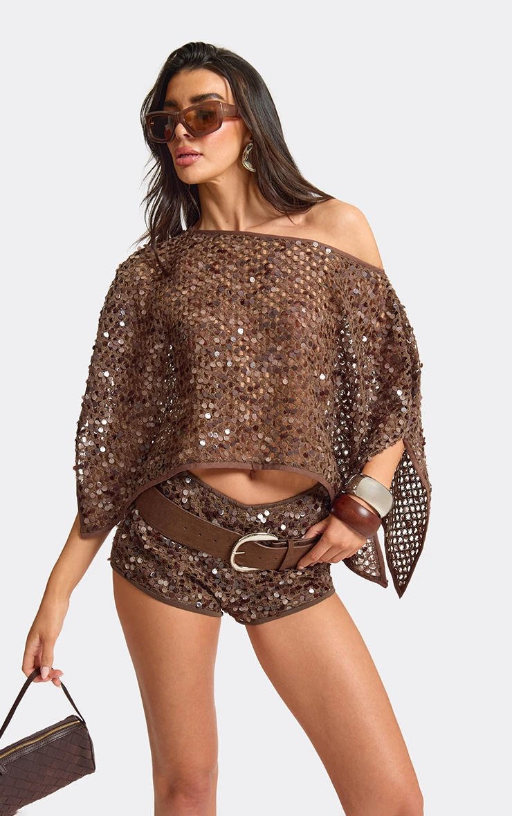 Off The Shoulder Cape Top In Brown Sequin | EGO US | EGO