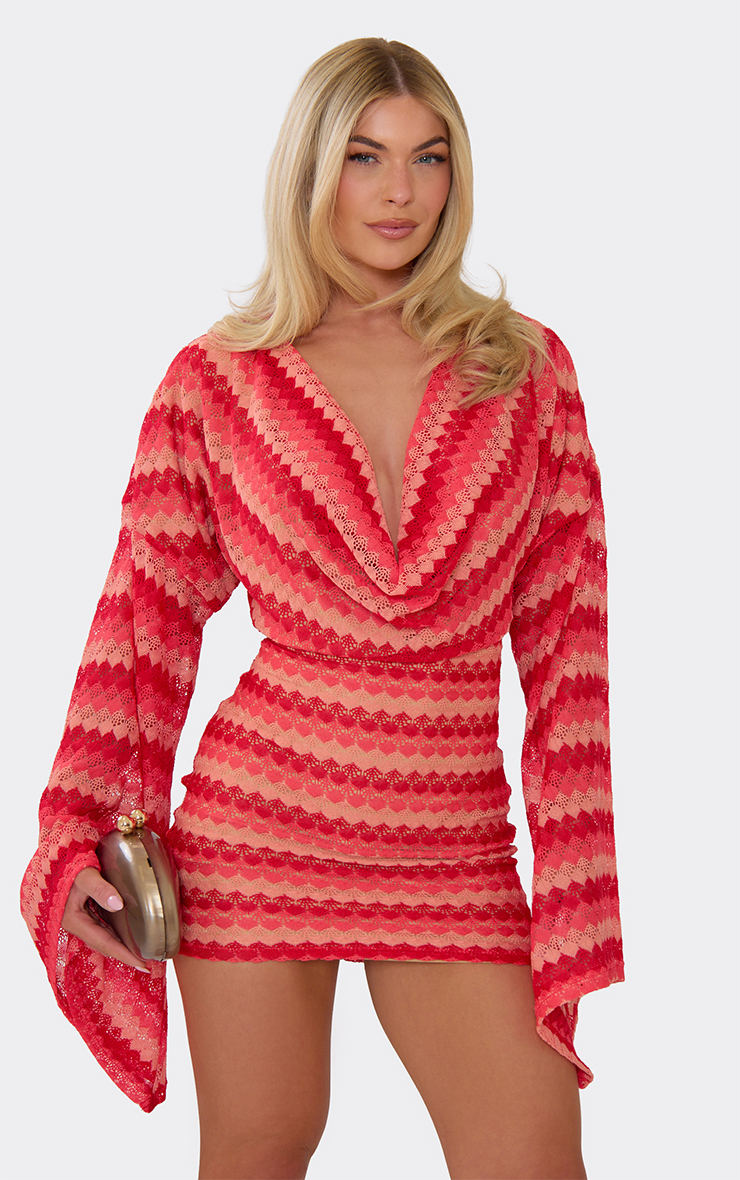 sachin and babi light blue dress Long Flared Sleeve Cowl Neck Mini Dress In Orange Textured Stripe | EGO US