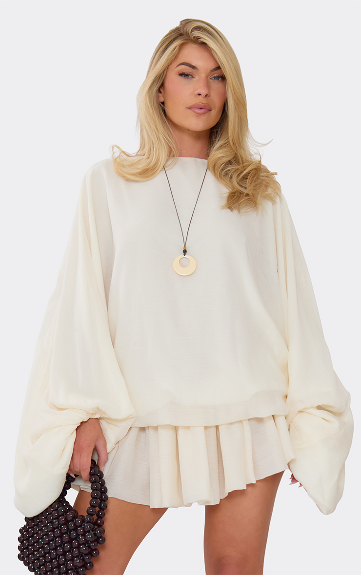 Long Balloon Sleeve Puffball Mini Dress In Cream Chiffon | EGO US