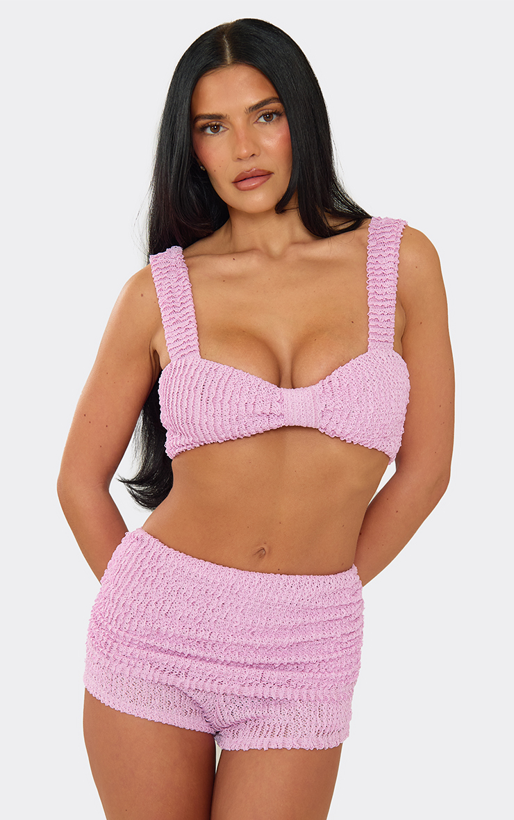 Knot Front Bralet Top And Mini Shorts Co-Ord Set In Lilac Textured
