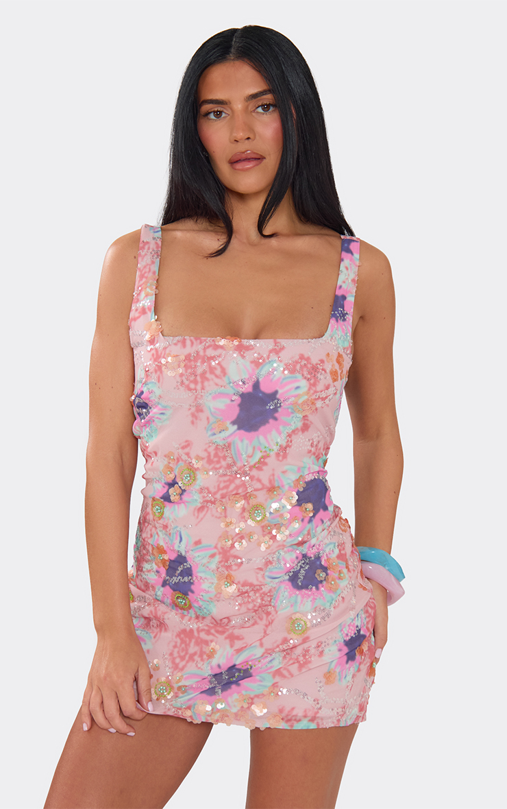 pink square neck dress Rihoas Square Neck Puff Sleeve Ditsy Floral Ruched Tie Front Flare A Line Midi Dress, Pink / XL