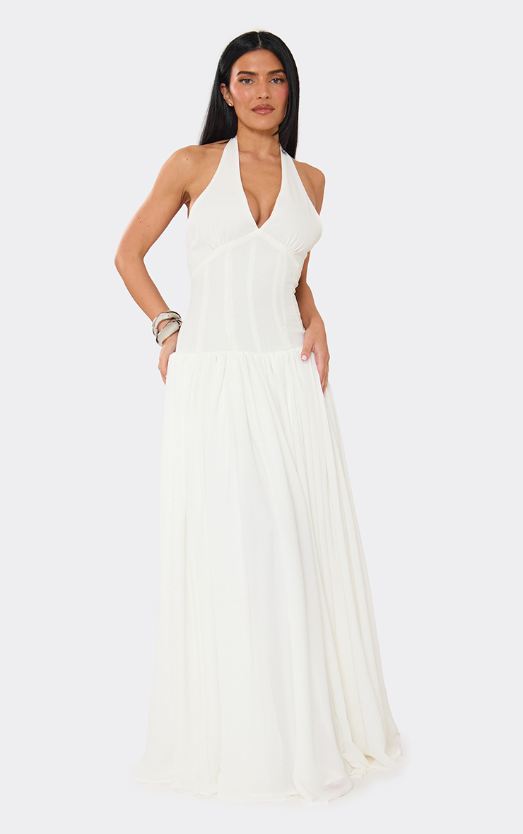 strappy plunge corset maxi dress Plunge Halterneck Lace Up Back Boned Corset Maxi Dress In White | EGO US