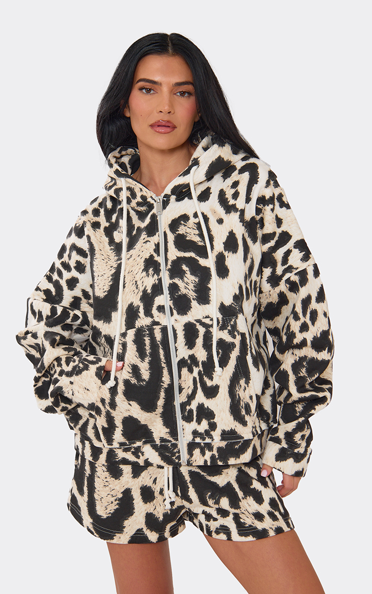 Long Sleeve Oversized Zip Up Hoodie In Leopard Print | EGO EU | EGO
