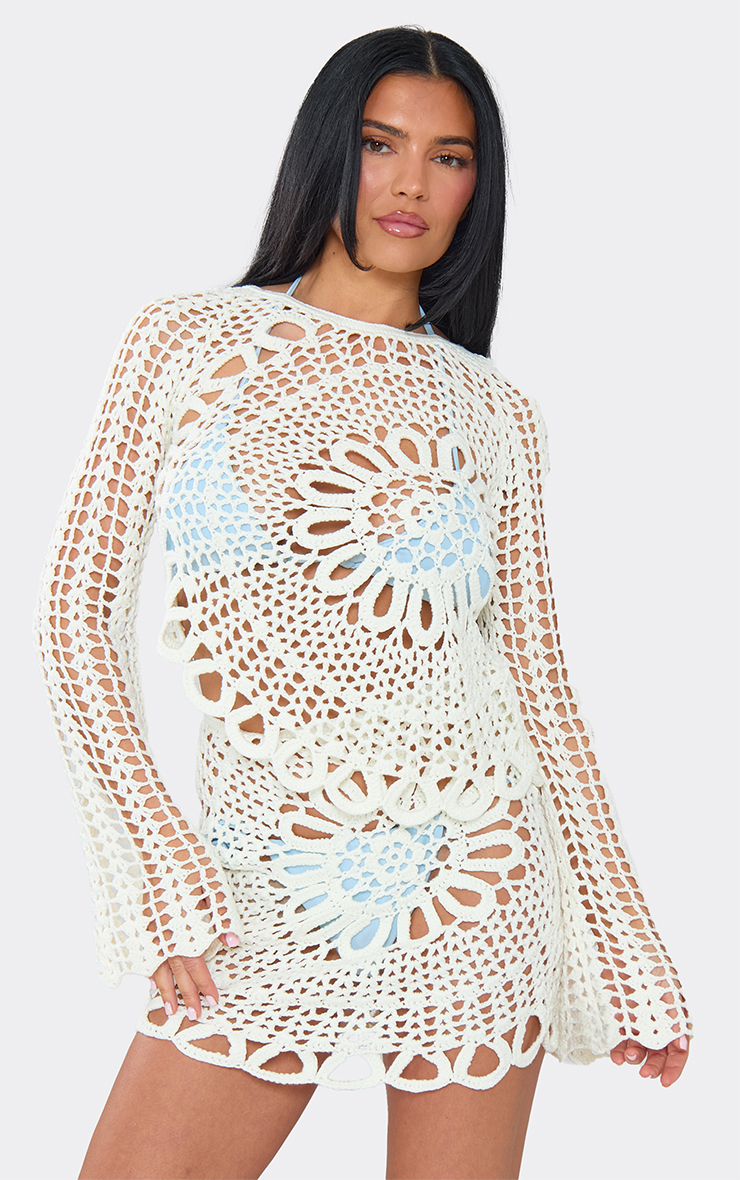 Long Sleeve Asymmetric Hem Top In White Crochet Knit | EGO US | EGO