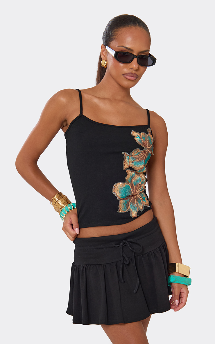 Scoop Neck Embroidered Flower Detail Cami Top In Black. | EGO US | EGO