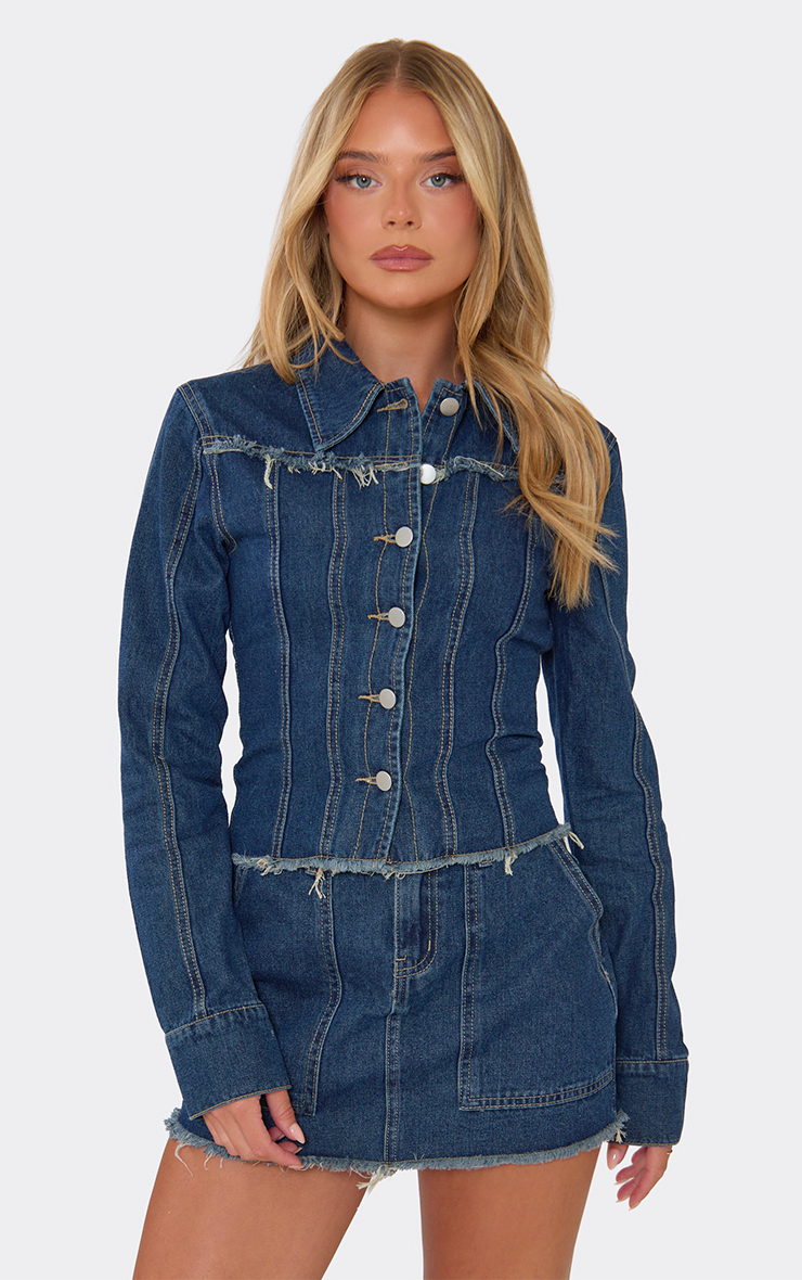 Long Sleeve Seam Detail Cinched Waist Jacket In Blue Denim | EGO