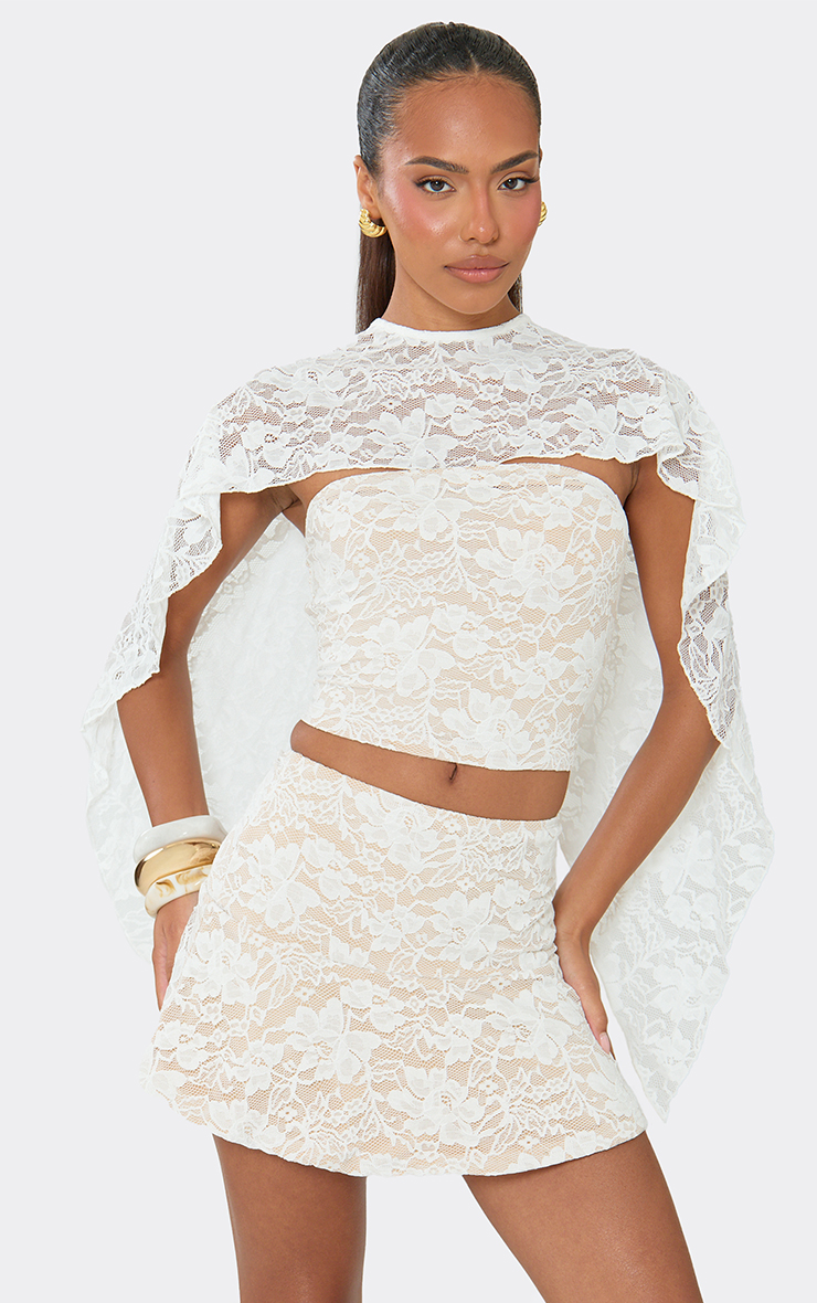 Bandeau Cape Detail Top And Mini Skirt Co-Ord Set In Cream Lace