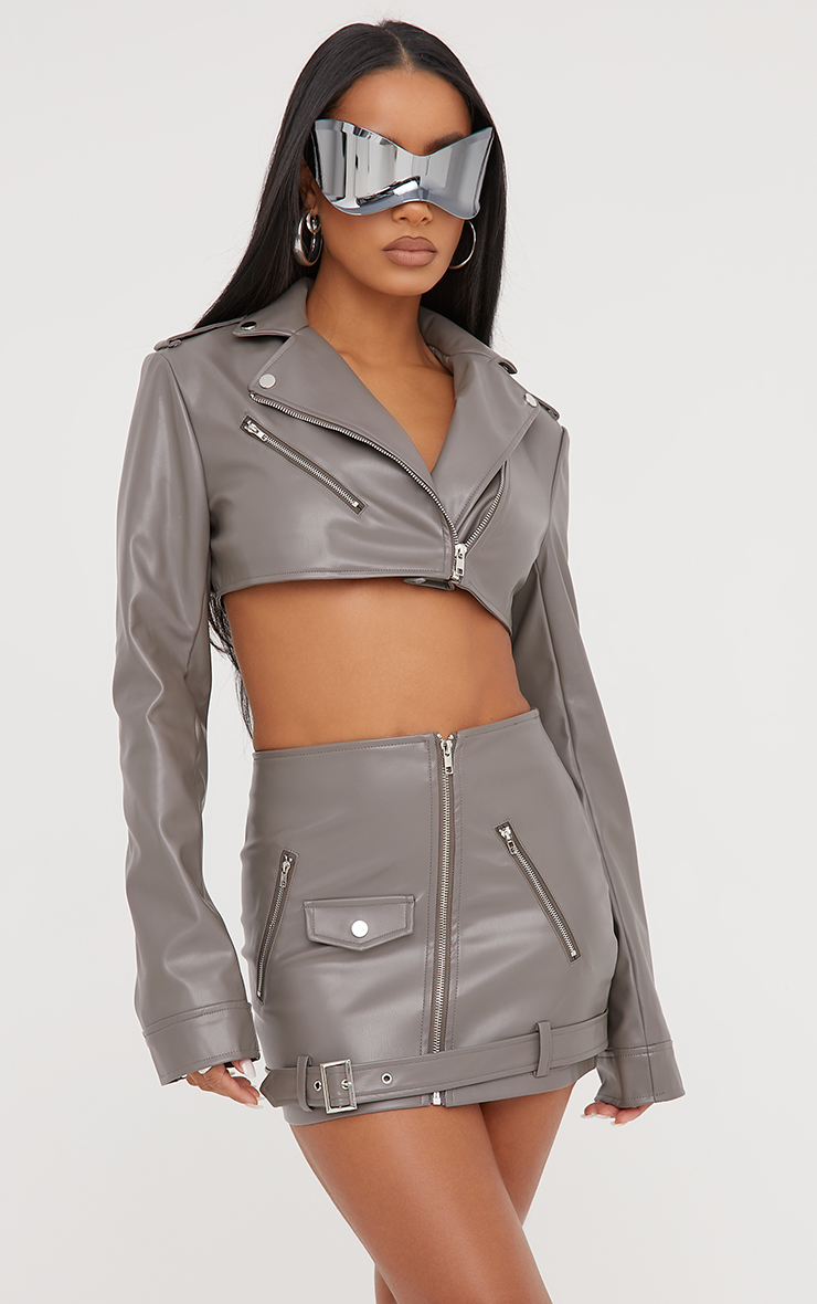 Zip Detail Cropped Biker Jacket In Grey Faux Leather | EGO