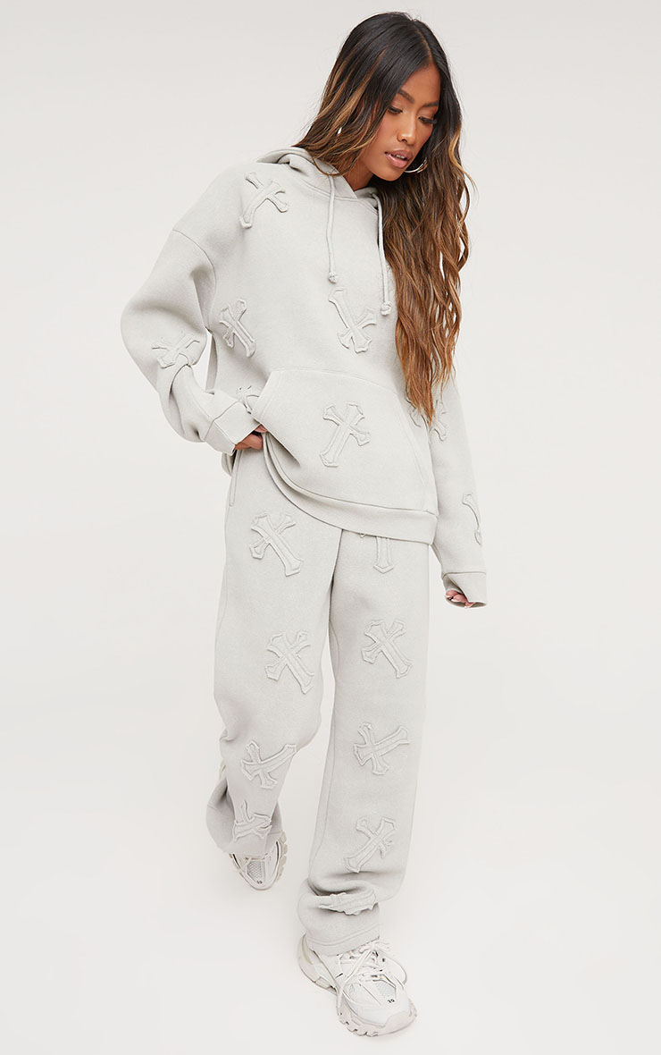 ☆BADBLOOD☆ Lion Patch 2 Way Curved Jogger Washed White High Waist Cross Patch Detail Oversized Straight Leg Joggers